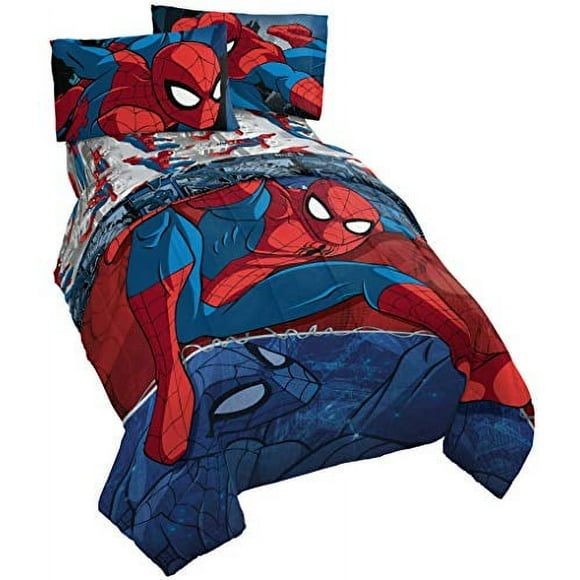 Spider-Man 4 Piece Superhero Kids Twin Bed Set, 100% Microfiber, Blue, Marvel Bedding