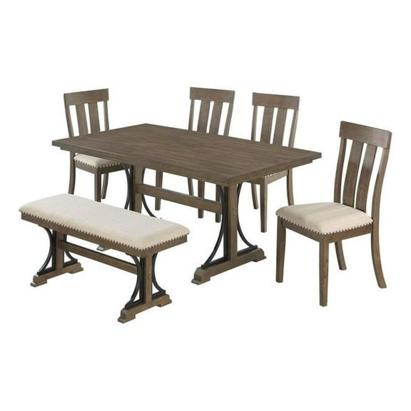 6pc Brown Oak Wood Dining Set with Beige Linen Upholstered Chairs and Bench