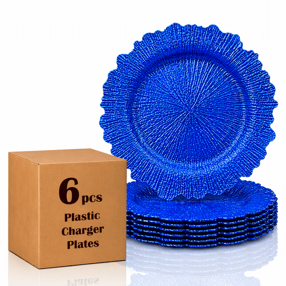 Royal Blue Charger Plates Set of 6, 13" Round Reef Design, Decorative Plastic Charger Plates for Wedding, Party & Table Setting, Elegant Gold Dinner Plate Chargers