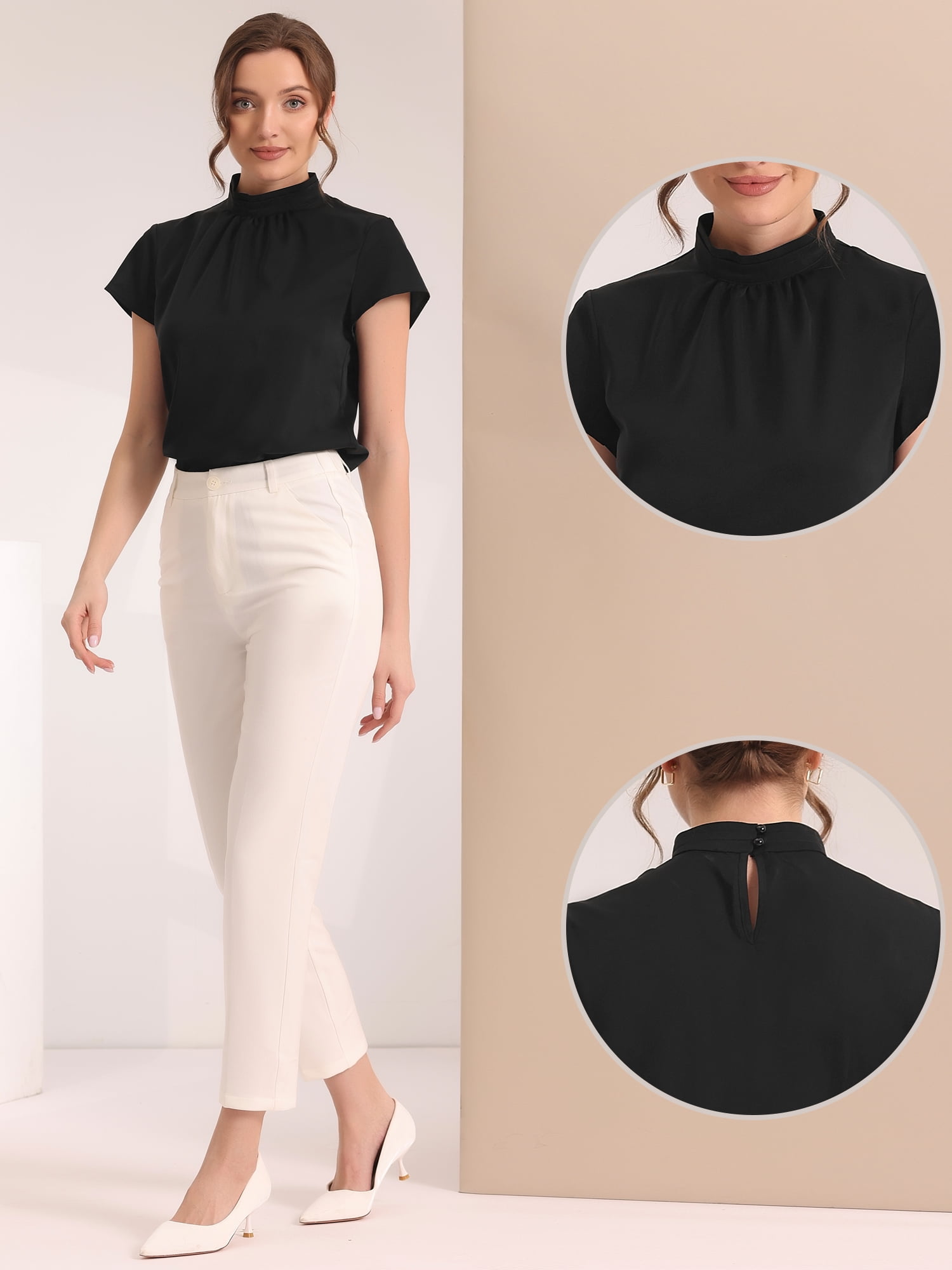 DARING DIVA Stand Collar Cap Sleeve Keyhole Back Blouse L Black
