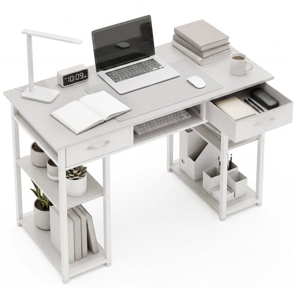 edx 48 Inch Office Desk with 2 Drawers, Spacious Writing Desk with Storage Shelves, Modern Computer Table for Home Office,Study and Work,White