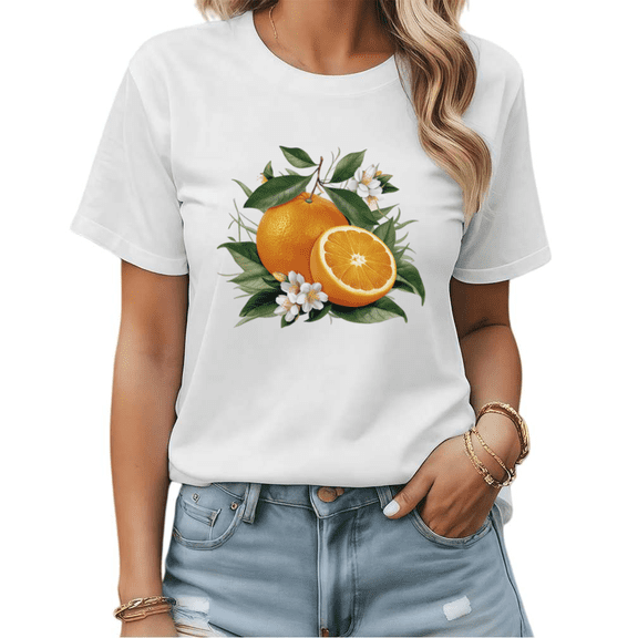Orange & Floral Still Life Graphic Tees Womans T shirt Black/White S-5XL Shirts Casual Daily Tops