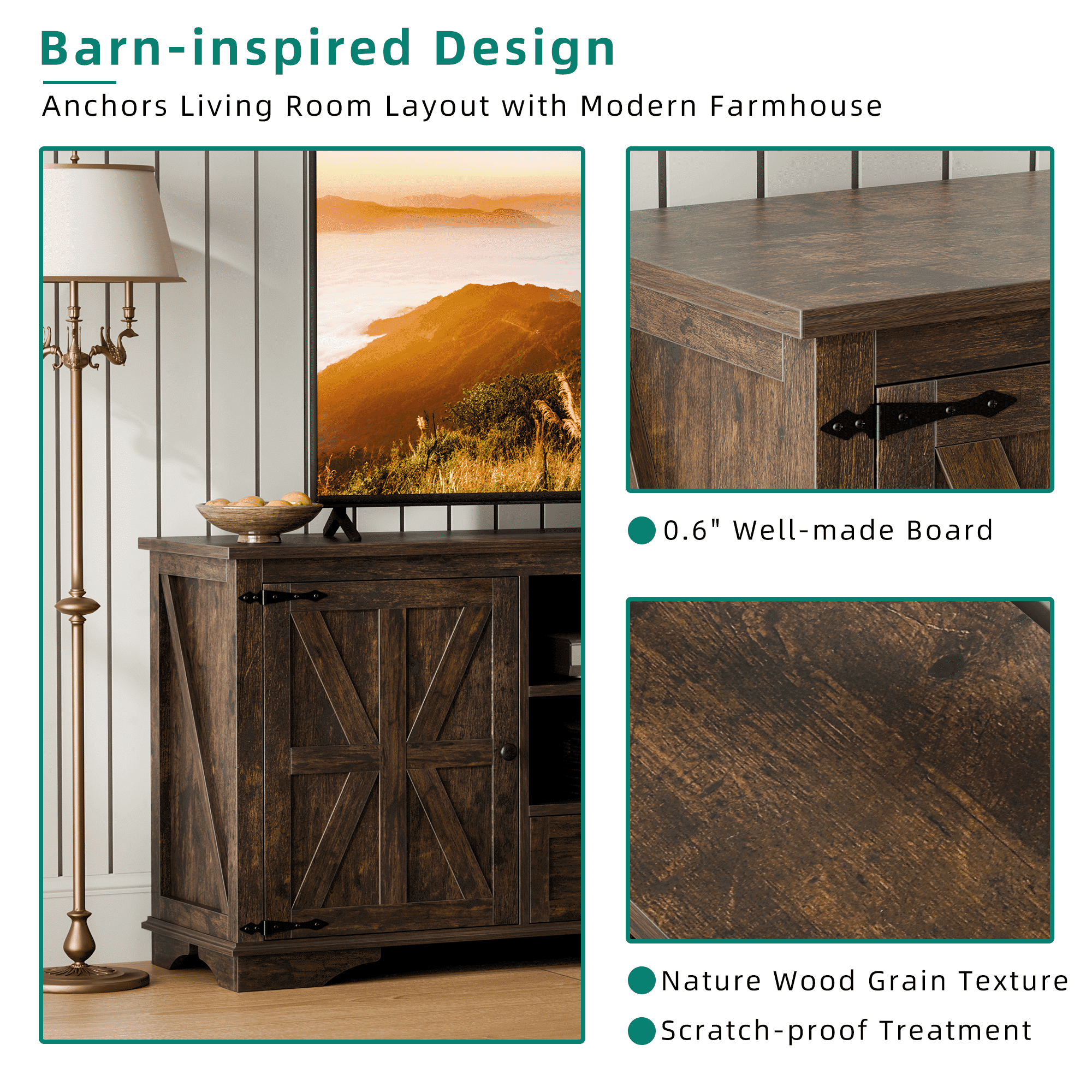 Laintene TV Stands for 65" TV, Entertainment Center with Barn Door, Adjustable Shelves & Storage Cabinets, Solid Wood Media Farmhouse TV Console for Living Room, Brown