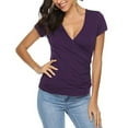 thumbnail image 4 of GceSteap Women's Summer Tops Short Sleeve Slim Fitted Deep V Neck Cross Wrap Tunic T-Shirt Side ruched Shirring Tees Purple S, 4 of 8