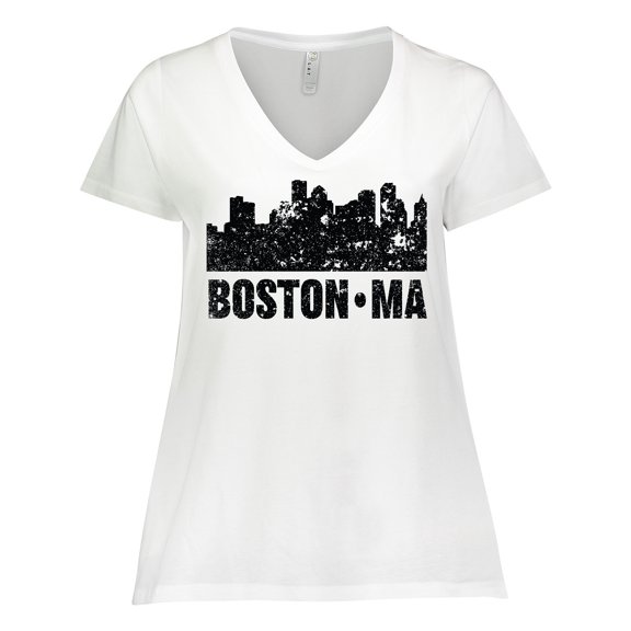 Inktastic Boston Massachusetts City Skyline with Grunge Women's Plus Size V-Neck T-Shirt