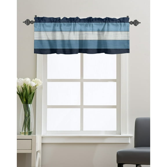 Kitchen Cafe Valance Curtain for Small Windows,Farm Wooden Rustic Barn Board Rod Pocket Short Valances Blue and Grey Ombre Wood Grain Window Treatment Panel for Living Room/Bedroom/Bathroom,54x18in