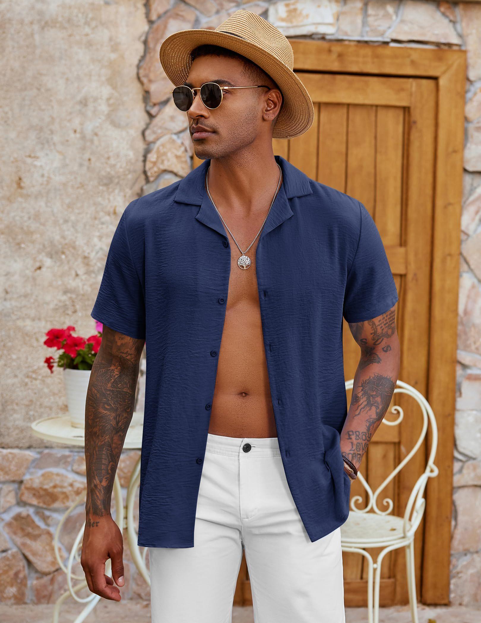 COOFANDY Mens Cuban Guayabera Shirts Short Sleeve Linen Shirt Loose Fit Camp Collar Shirt