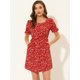 thumbnail image 2 of Vestido Floral Por Encima de la Rodilla Allegra K cintura Elástica cuello cuadrado Mangas Abullonadas Rojo M, 2 of 5