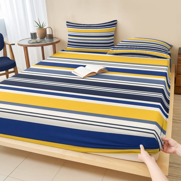 King Size Fitted Sheet Set - Navy Blue Yellow Striped 3 Piece Bedding Sets 16" Deep Pocket Fitted Sheet with 2 Pillowcases, Farmhouse Vintage Stripe Brushed Microfiber Hotel Luxury Bed Sheets