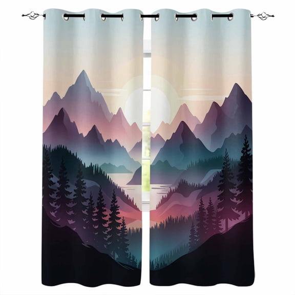 Fsddascl Farmhouse Mountain Blackout Curtains for Bedroom/Living Room, Thermal Insulated Kitchen Curtains, Country Cabin Nature Sunrise Forest Grommet Darkening Window Treatment Drapes 52"x72"x2