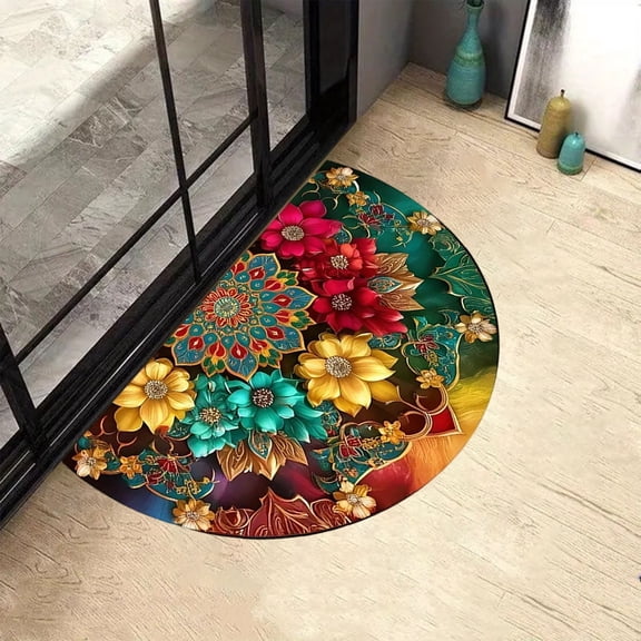 JilgTeok 1 Packs Half Round Entrance Door Mat Floral Semicircle Bathroom Floor Mat Non Slip Wear Resistant Welcome Mat for Front Door Porch Garage Patio Home Decor