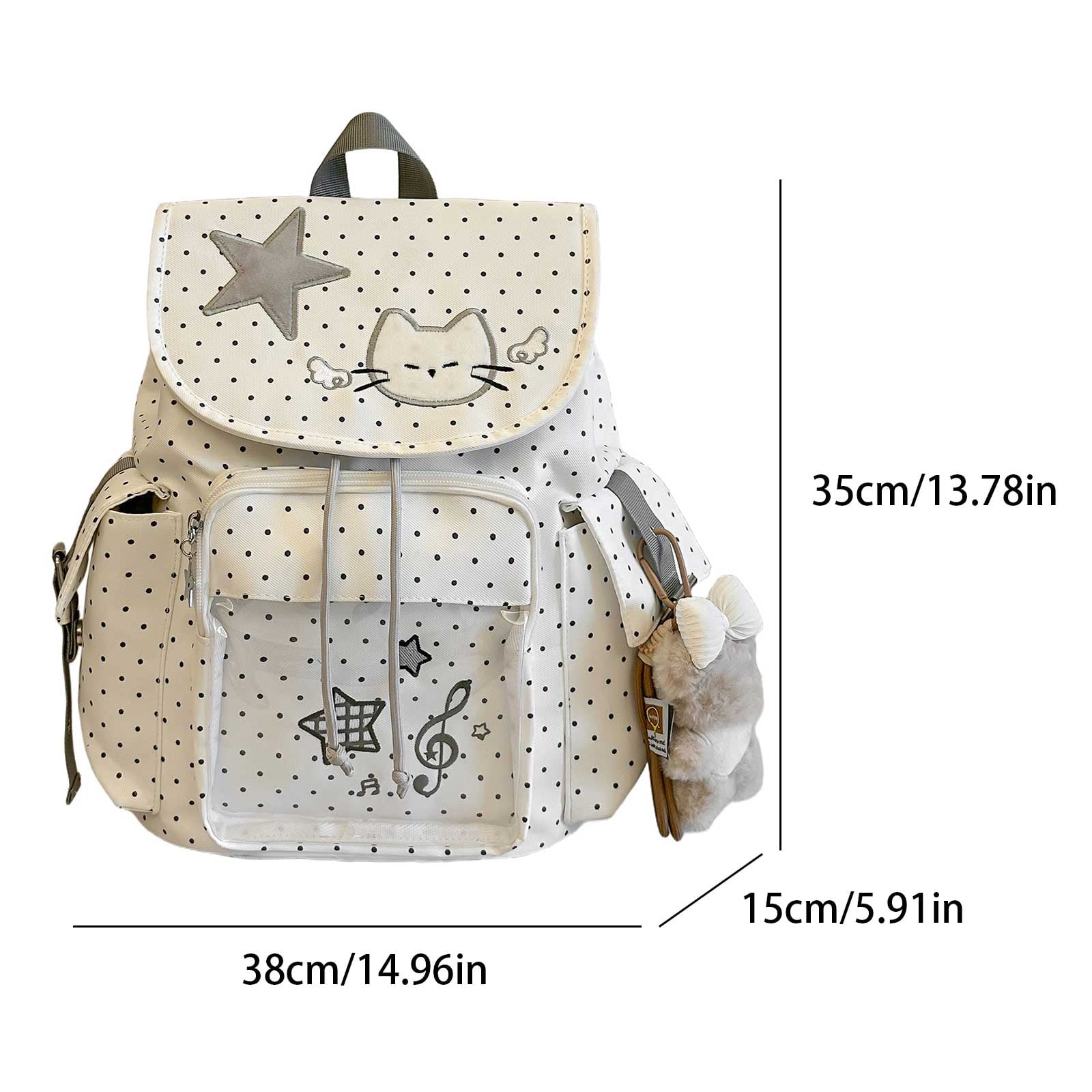 HUISZJ Polka Dot Cat School Backpack, Drawstring Schoolbag with Pendant, Large Capacity Laptop Backpack for Students College Travel, White