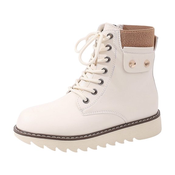 EKVAHL Women's Lace‑Up Platform Ankle Booties, Faux Leather Side Zip Low Chunky Heel Boots, Rugged Lug Sole Casual Walking Boots Beige