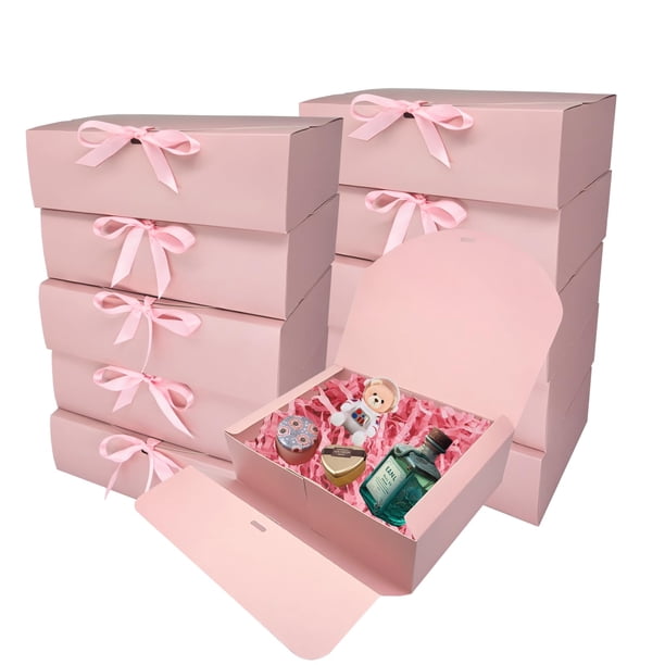 BoShahai 10 Cajas de Regalo con Tapas Caja de Regalo de Papel Kraft de 10,6x7,8x3,1 Pulgadas Rosa con Cinta Caja de Propuesta de Dama de Honor para Embalaje de Boda Regalo Magdalena de cumpleaños
