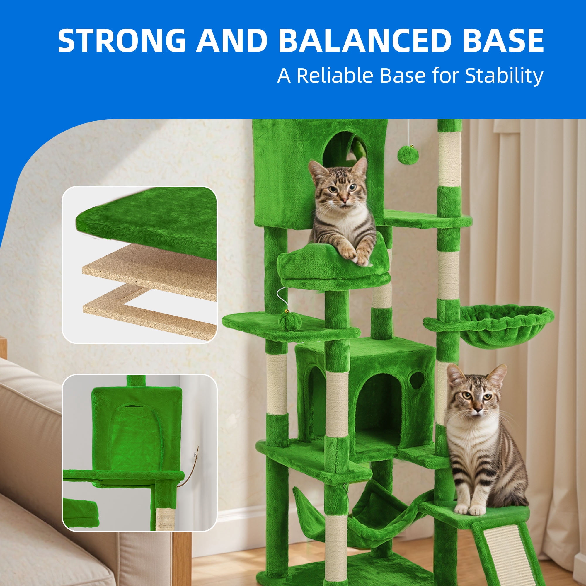Dextrus 75" Tall Cat Tree for Large Cats, Multi-Level Play Tower Condo with Sisal Ramp Scratching Post & Hammocks, Green