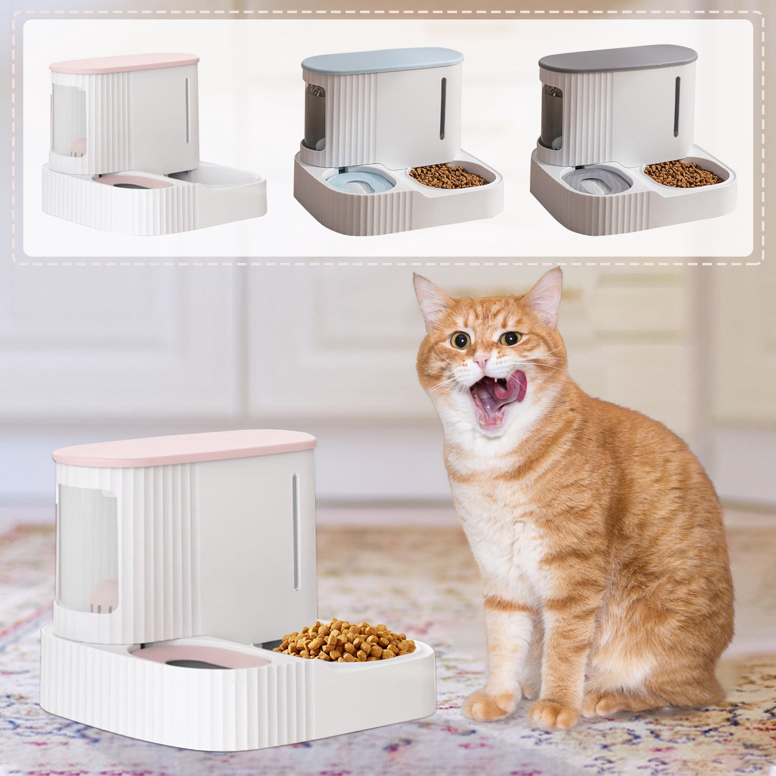 Automatic Dog Feeder and Dog Water Dispenser with Gravity Self‑Feeding Pet Food and Water Dispenser for Indoor Cats and Cat Food Bowl，Pink
