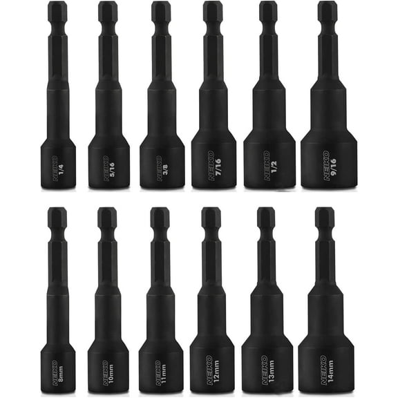 Neiko 10250A Magnetic Hex Impact Nut Driver Set, 12-Piece Driver Bit Set for Drill, Cr-V Steel, 1/4" Quick-Change Hex Shank Nutsetters, Impact Rated SAE & Metric Master Impact Driver Socket Set