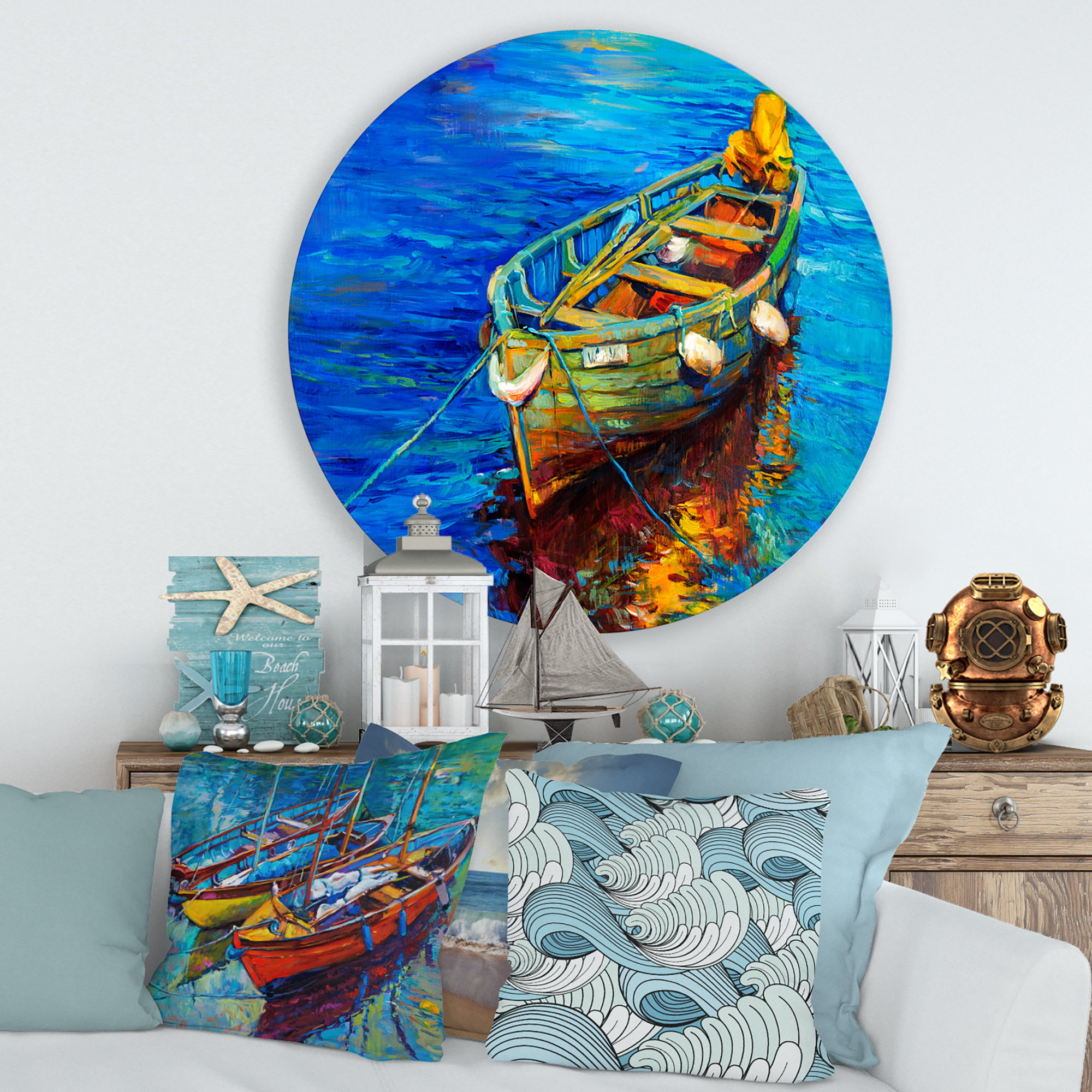 Designart 'Boats During Warm Sunset Resting On The Water IV' Nautical & Coastal Circle Metal Wall Art 29x29 - Disc of 29