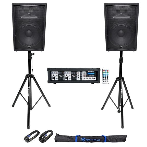 (2) JBL JRX215 1000 Watt 15" DJ PA Speakers Powered 4-Ch. Mixer Stands Cables