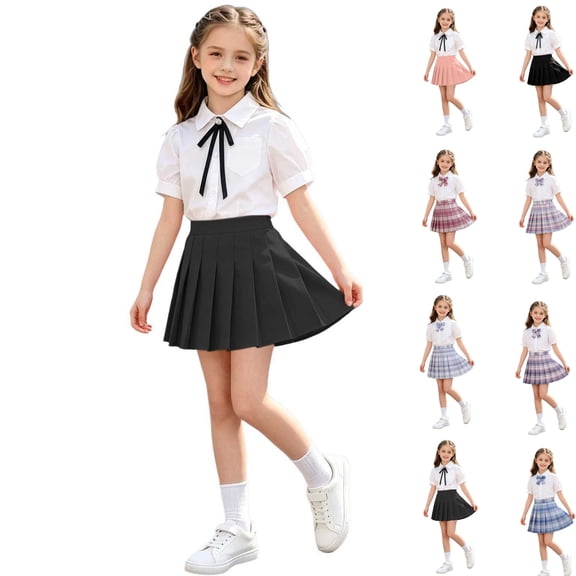 Bixock Toddler Girls Skirt Set School Uniform 2 Piece Outfit,Girls School Short Sleeve Collared Top Elastic Waist Pleated Skirt Matching Brooch 2 Piece Preppy Class Set for 2-15 Years Kids Clothings