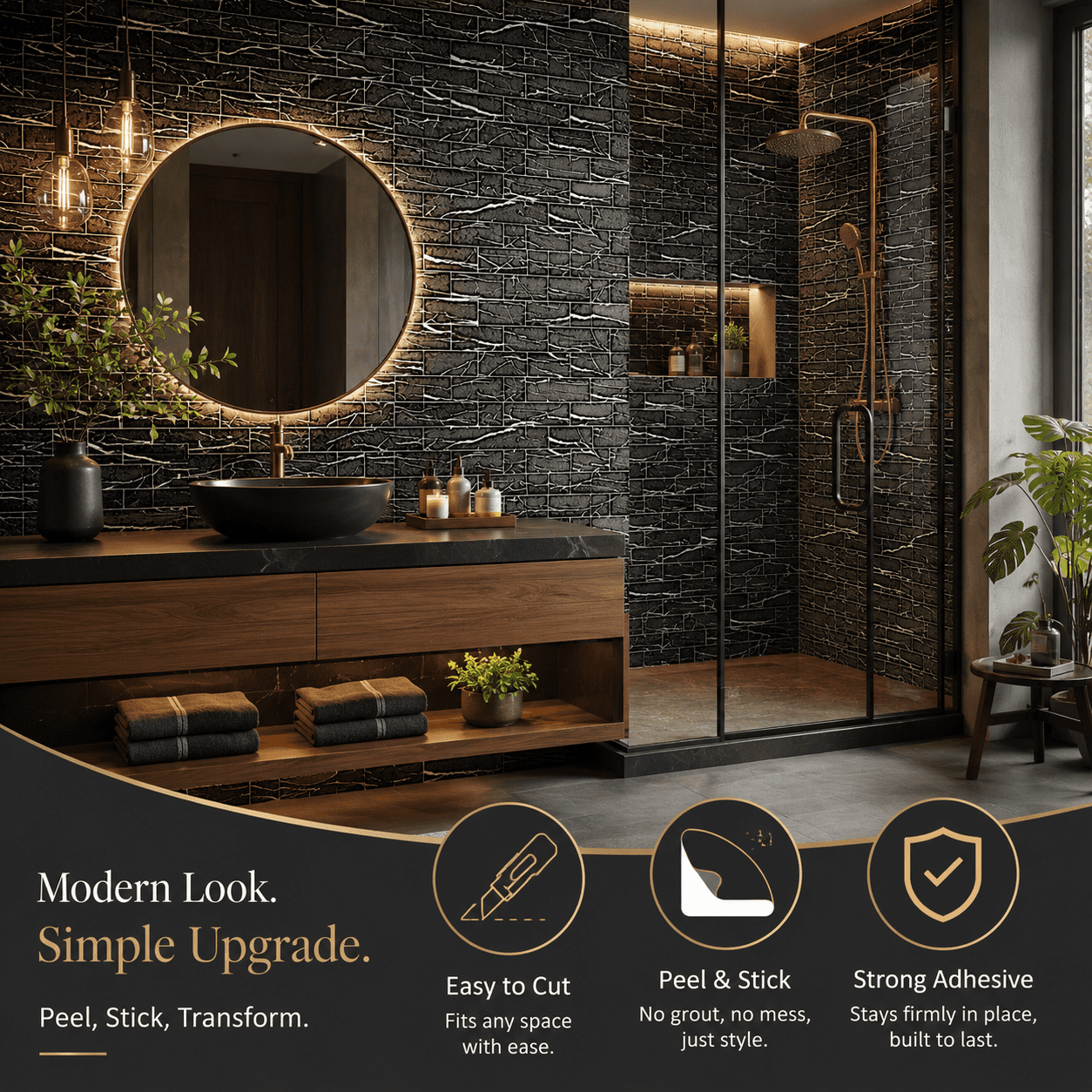 Yeslife 102-Pack Peel and Stick Backsplash Tile, 3" x 6" Black Marble PVC Waterproof Subway Wall Tiles for Kitchen & Bathroom, 12.75 Sq Ft