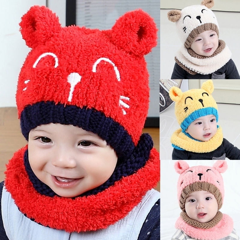 Kids Girls Boys Winter Warm Hat Hooded Scarf Toddler Baby Earflap Knitted Cap 