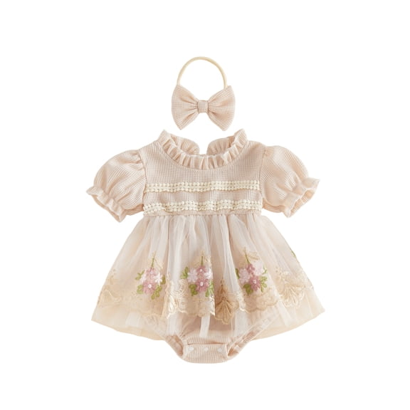 Cenuakty 2Pcs 0-18M Infant Baby Girl Outfit Short Sleeve Frill Neck Floral Embroidery Layered Tulle Romper Dress and Bow Headband Set