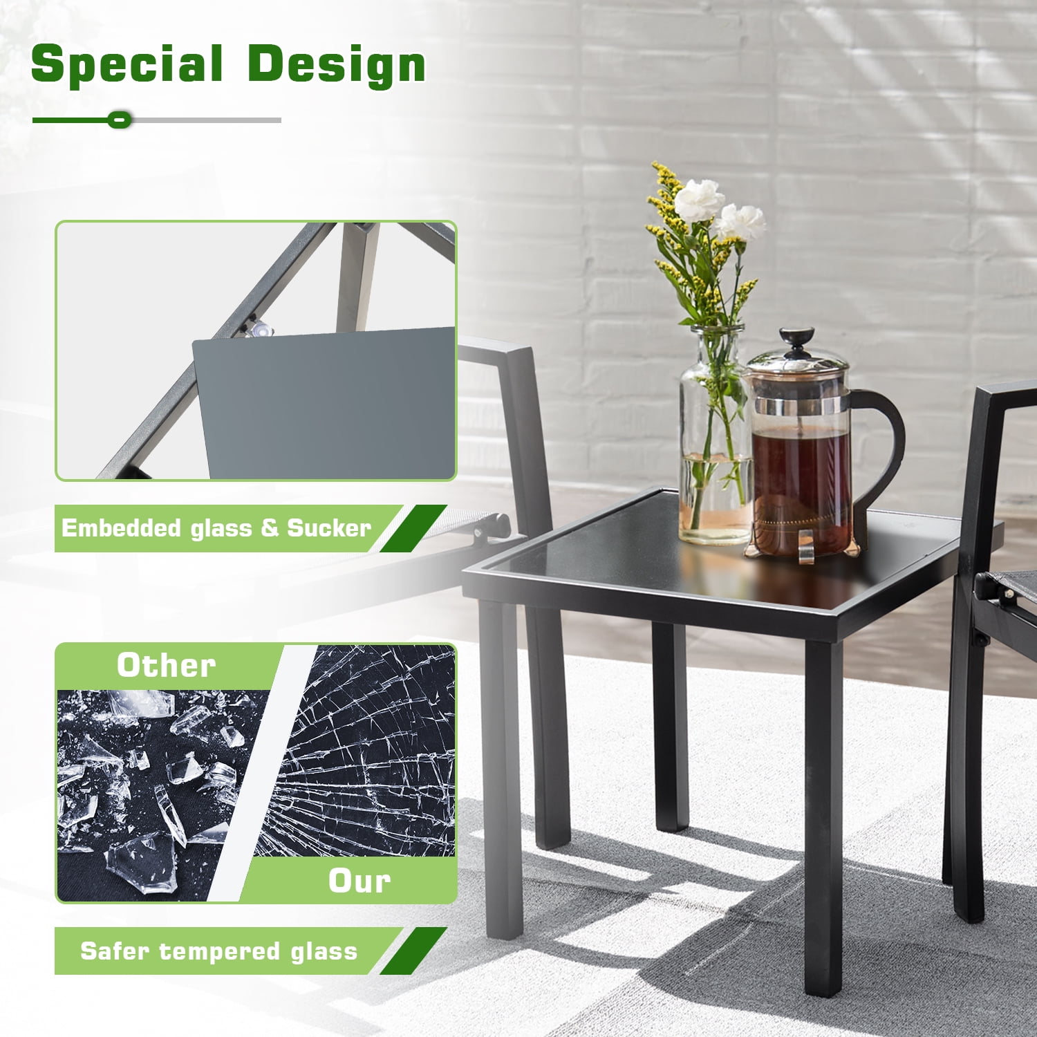 Devoko 3 Pieces Modern Outdoor Conversation  Patio  Furniture Sets Textilene Bistro, with Glassed Table Steel Frame, Black
