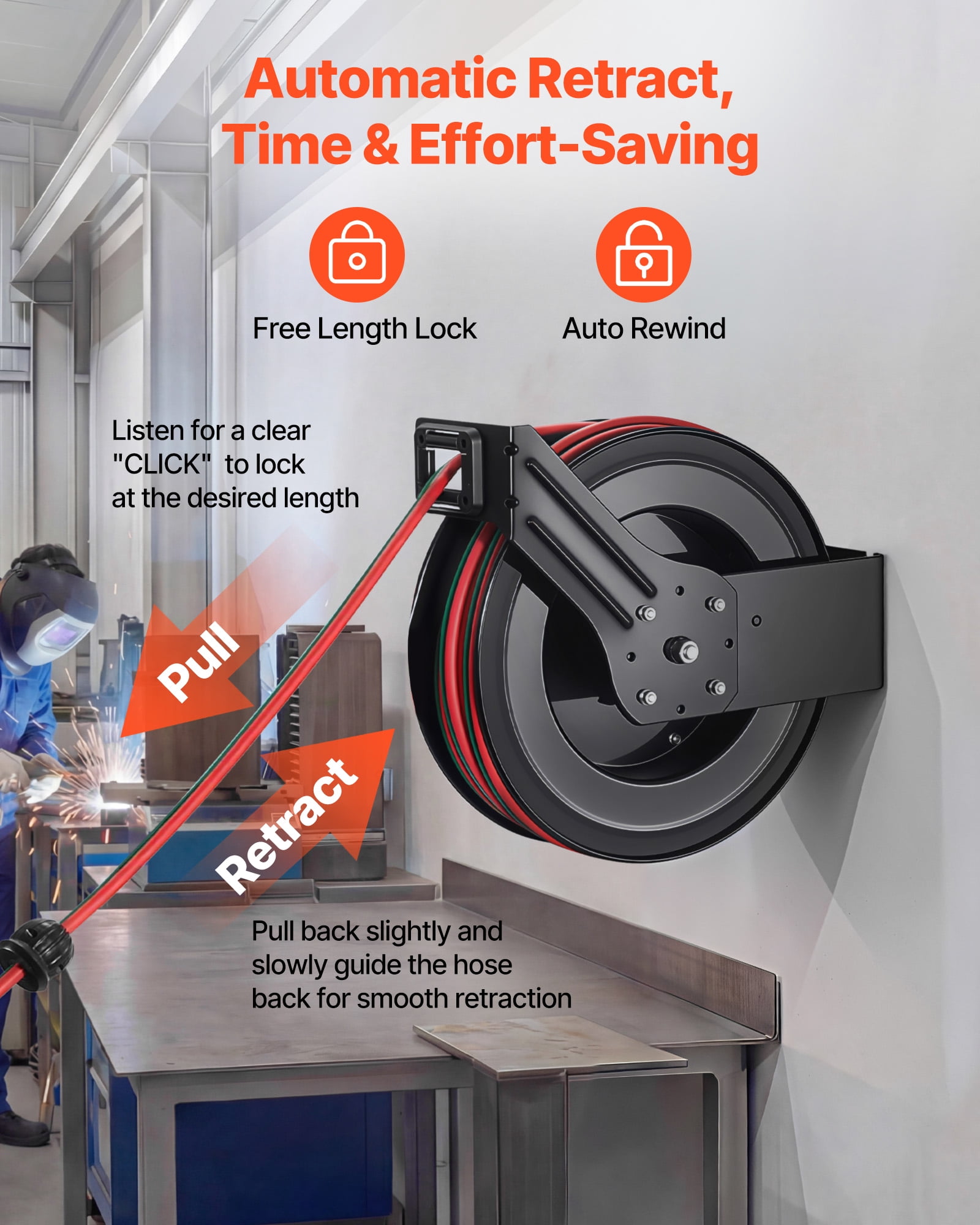 VEVOR Retractable Welding Hose Reel, 1/4 Inch x 100FT Twin Oxygen Acetylene Rubber Hose Max 300PSI - R Grade, Ceiling/Wall Mount Heavy Duty Steel Hose Reel Auto-Rewind, Ideal for Workshops Garages