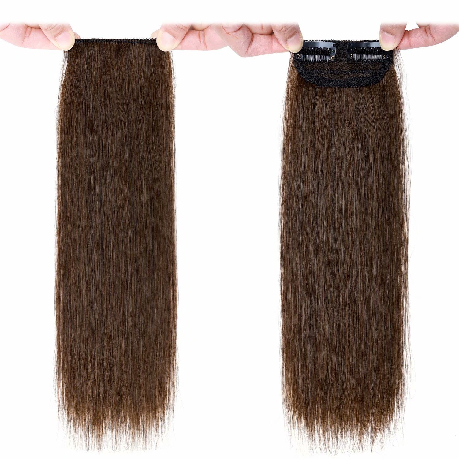 Benehair Clip in 100% Remy Human Hair Extensions Hair Pad Invisible Hairpiece Topper Thickened Soft Thin Hair Brown 2 Pieces