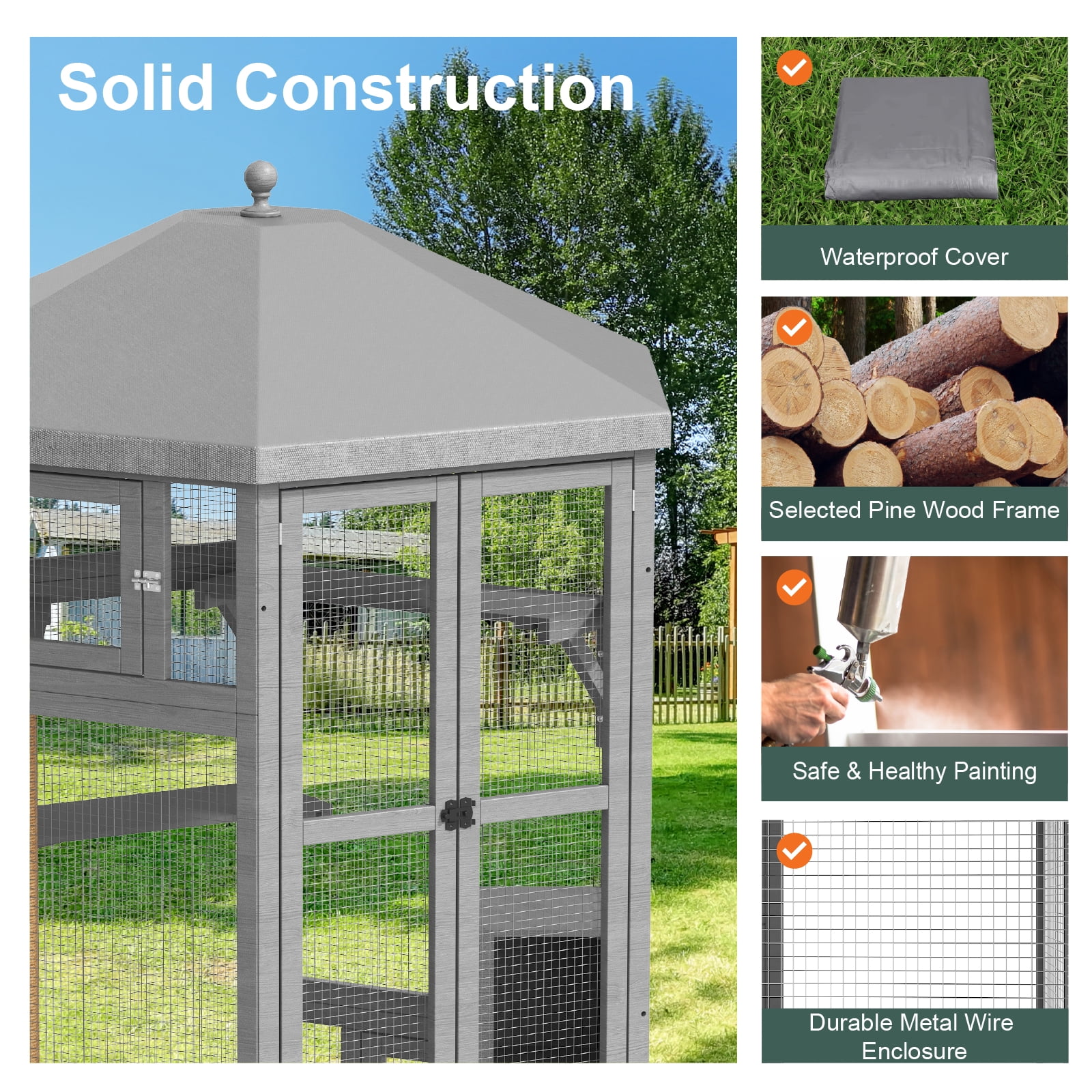 TIMHAKA 65" Catio Outdoor Cat Enclosure, Large Cat House w/ Waterproof Roof, Window Access, Multiple Platforms & Scratching Post for Multi-Cat Use, Gray