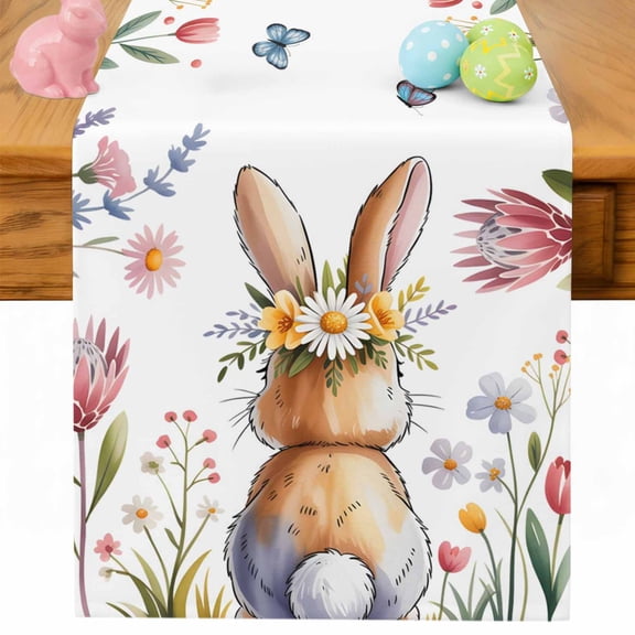 Easter Table Runner 72 Inches Long for Kitchen Dining, Spring Flowers Wreath Rabbit Budding Florals Dresser Scarf Farmhouse, Dining Table Decorations for Wedding/Parties, 14 x 72 In