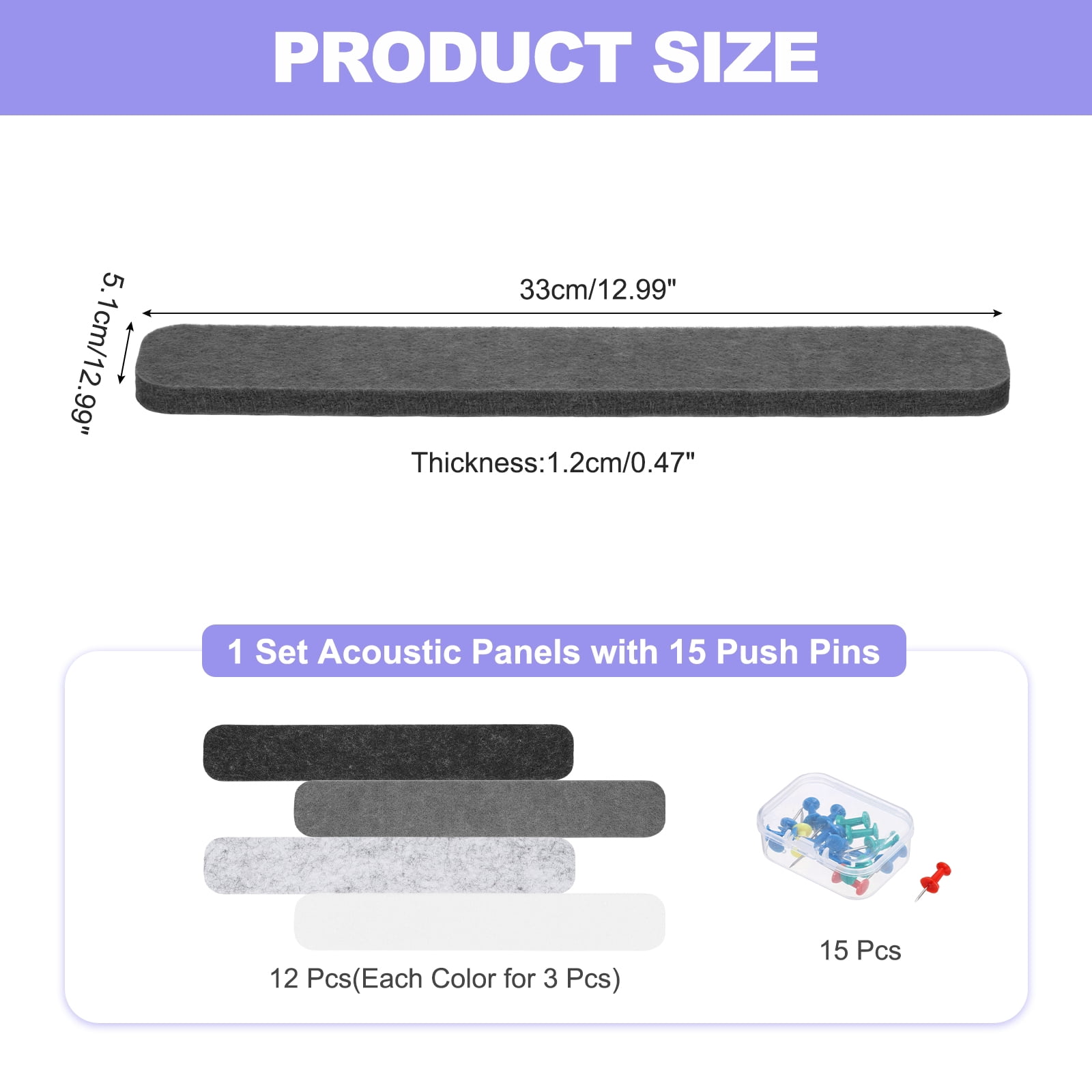 Uxcell 12 Pcs B1 Rectangle Acoustic Panels 12.99'' x 2.01'' with Push Pins Black Dark Gray Light Gray White
