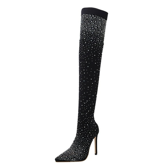 WEAIXIMIUNG Snow Boots for Women Black foreign Trade Nightclubs Wear High Heels with Tips and Shiny Boots with 12Cm On The Tip