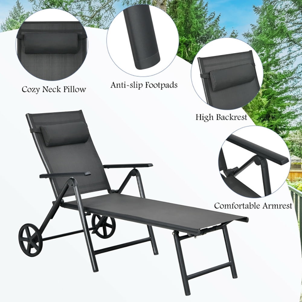 Aimee Lii Patio Lounge Chair with Wheels Neck Pillow Aluminum Frame Adjustable, Patio Loungers, Gray Aimee Lii Patio Lounge Chair with Wheels Neck Pillow Aluminum Frame Adjustable, Patio Loungers, Gray