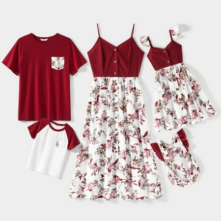 

PatPat Family Matching Solid V Neck Button Up Spaghetti Strap Splicing Floral Dresses and Short-sleeve T-shirts Sets One Piece Sizes Baby-Kids-Adult