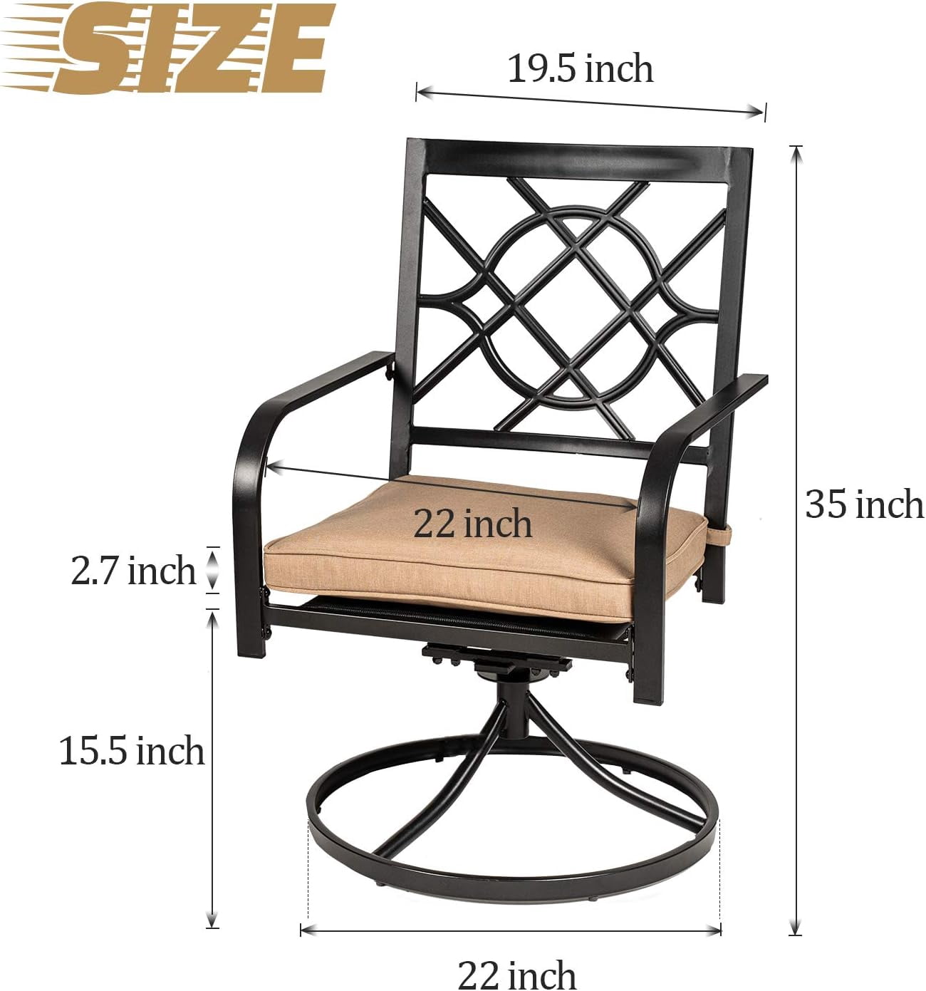 SOLAURA Patio Metal Swivel Chairs Outdoor Dining Chairs Set of 2 with Brown Cushion