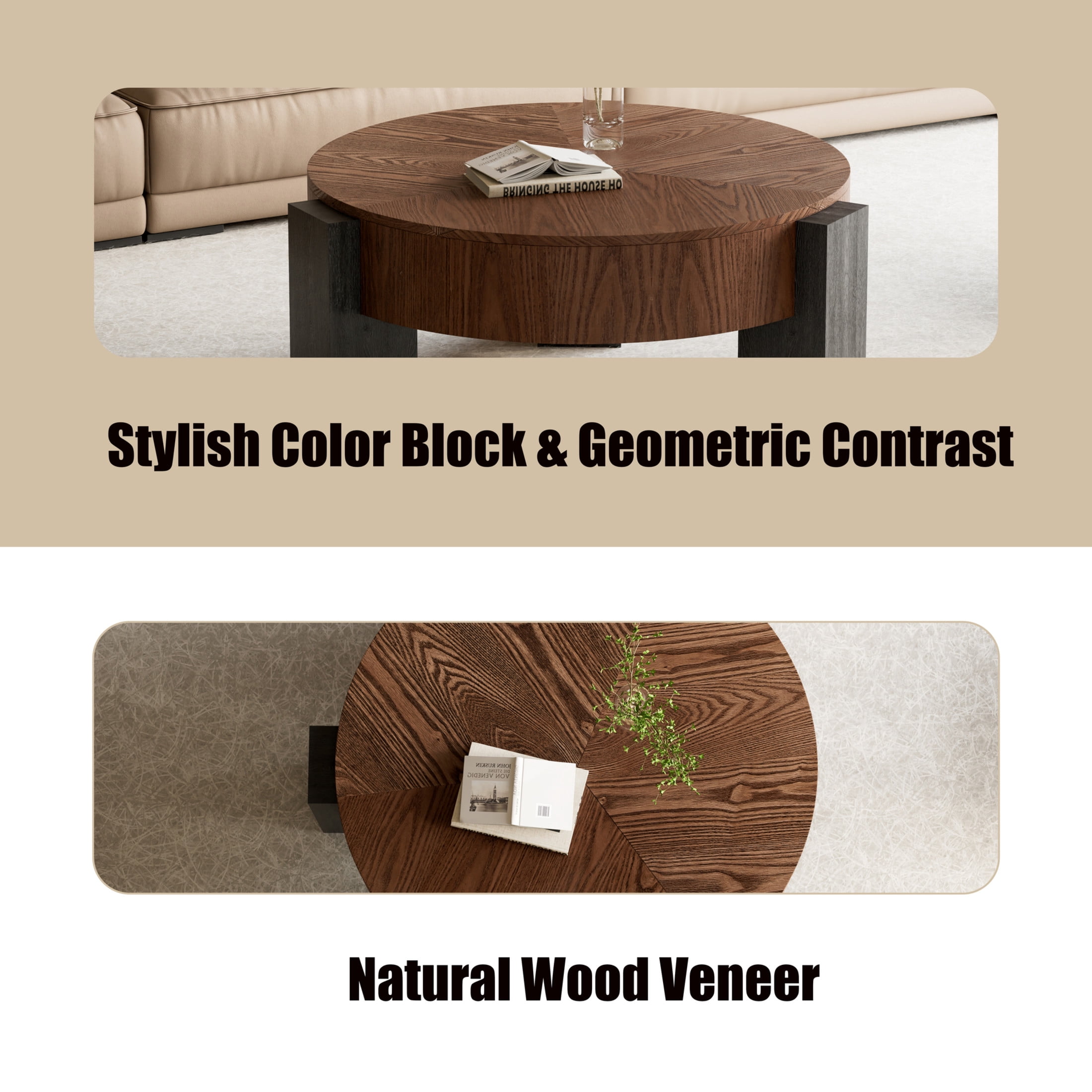 Noble House Lira 33" Round Coffee Table with Hidden Storage, Sturdy Accent Table for Living Room, Small Space, Walnut