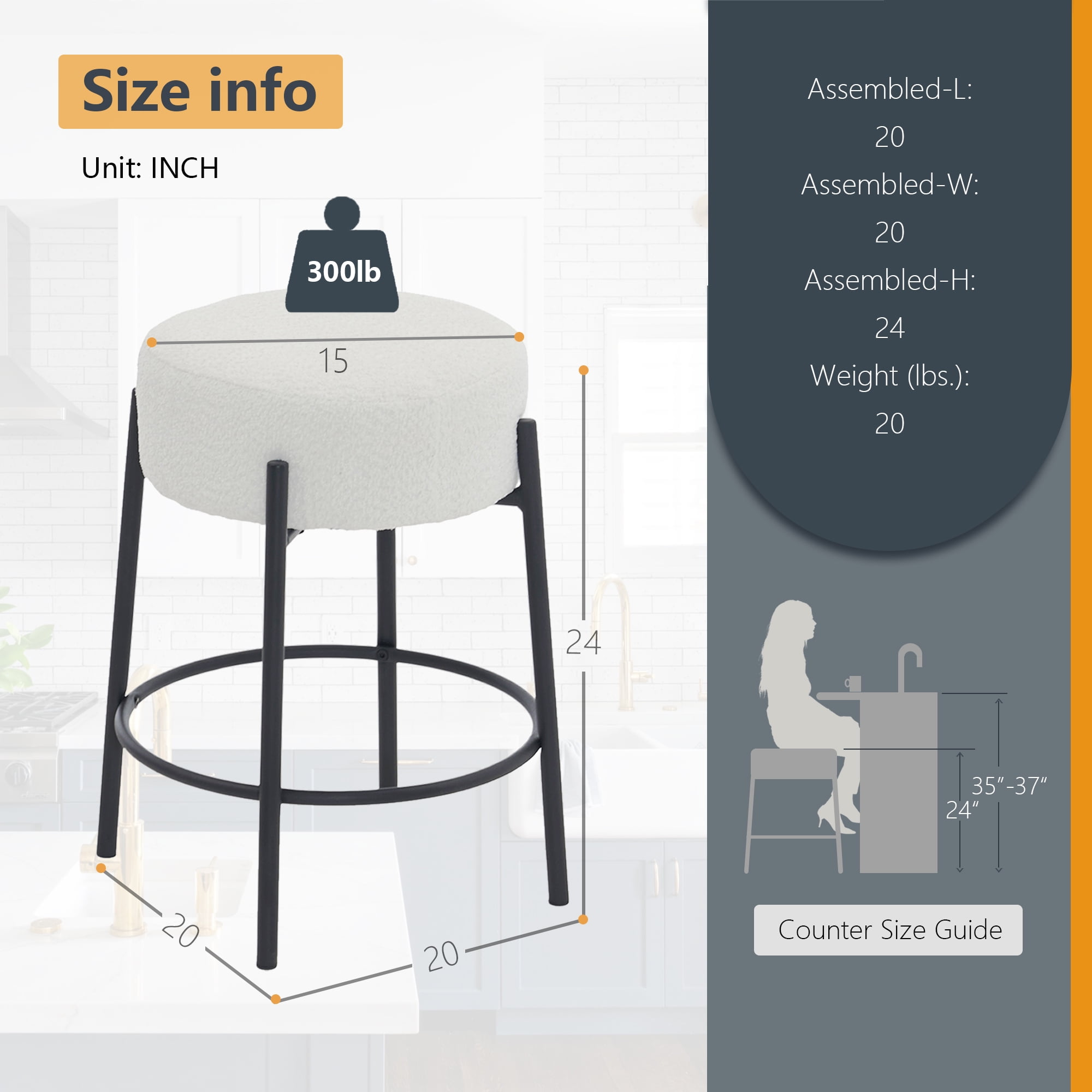 Miniyam Counter Height Bar Stools Set of 2,Boucle Kitchen Stools Upholstered Dining Chair Stools 24 Inch Height,White+Black