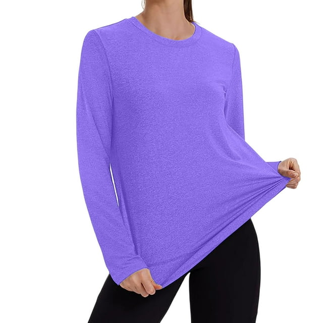 Wensltd Breathable Tops Women Crew Neck Long Sleeve Slim Fit for Sports Outdoor Solid Color Base Layer