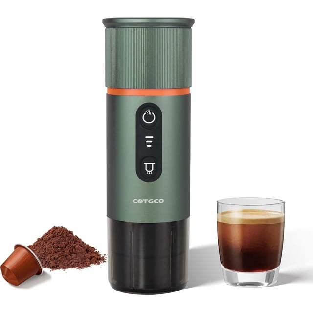 COTGCO Portable Espresso Maker for Travel: Portable Coffee Maker - Self Heating - Make 8 Cups Espresso One Charge - Coffee Anytime -Compatible for Nespresso Capsule - Green