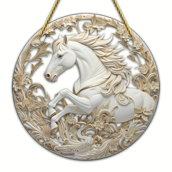 1 pc, White Horse Classic Round Acrylic Plaque - Elegant Wall Decor for Home, Restaurant, Bar, and Cafe