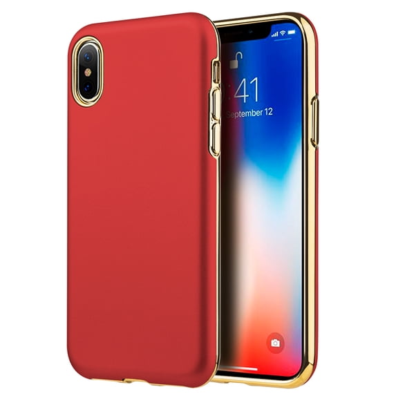 Apple Iphone X Sublime Dual Hybrid Case W/ Red Rubberized Pc Back Plate + Gold Electroplated Tpu