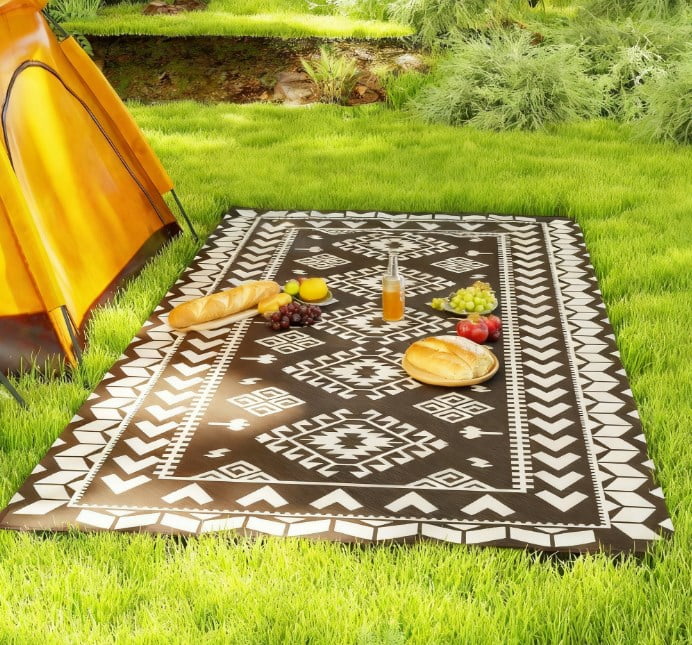 9' x 18' Black & White Rhombus Patchwork Reversible Outdoor Rug, Waterproof Patio Camping Mat with Carry Bag, Foldable Portable Indoor Outdoor RV Carpet