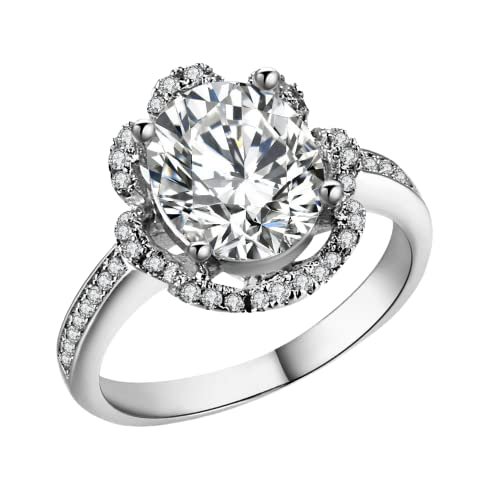HeartsAndYou 2.5ct Oval Cut Moissanite Accent Halo Floral Engagement Ring for Women 18k White Gold over Silver