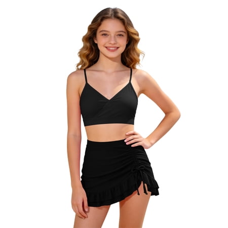 FUZHIQ Girls Two Piece Swimsuit Beach Sport Solid Color Bikini Set Adjustable Chest Pad Swimwear 7-8 Years