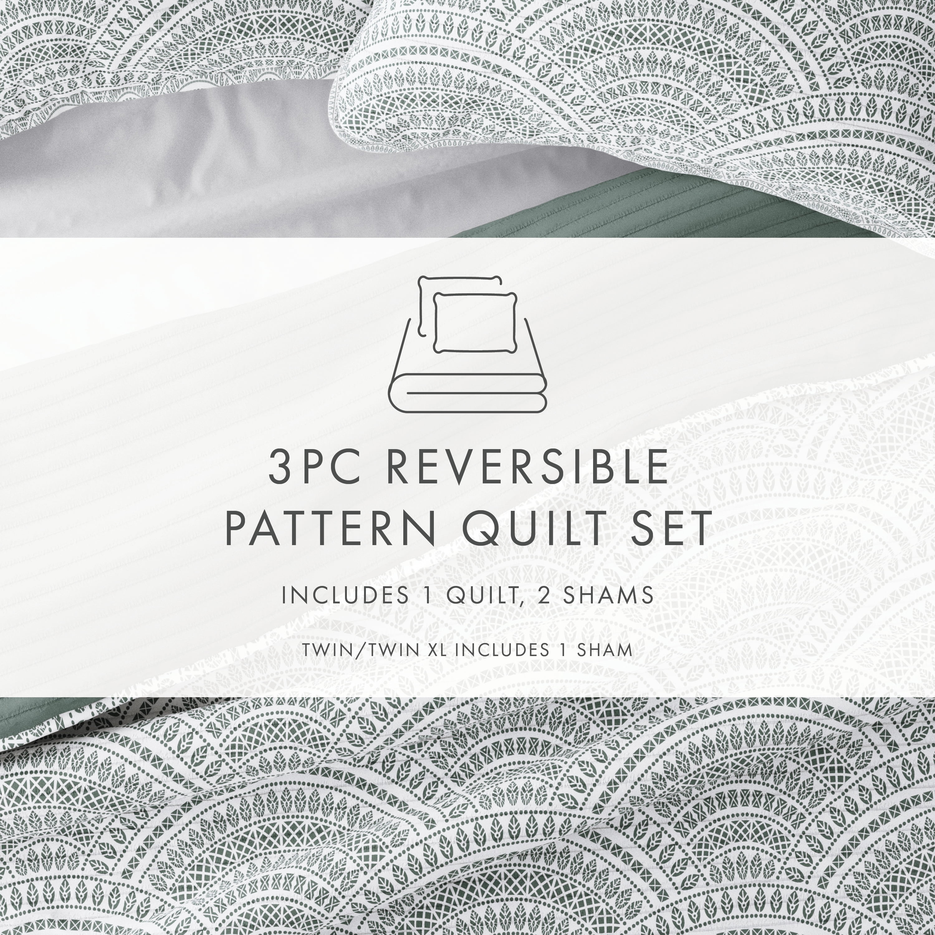 Noble Linens Eucalyptus 3 Piece Scallop Reversible Microfiber Quilt Set, King / CalKing