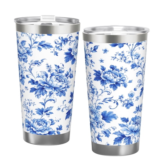 20oz Blue and White Peony Floral Tumbler with Handle and Straw Insulated Travel Coffee Cup Gift with Double Silver Rim