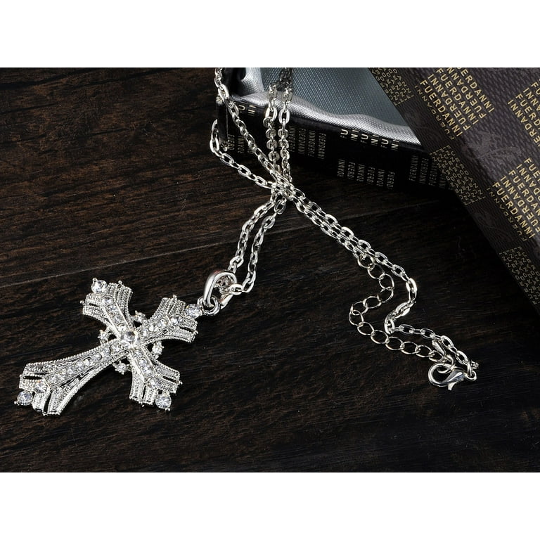 Rhinestone Cross Pendant Clear Color on 24 Inch Silver Plated Snake Chain  Jewelry Handcrafted Religious