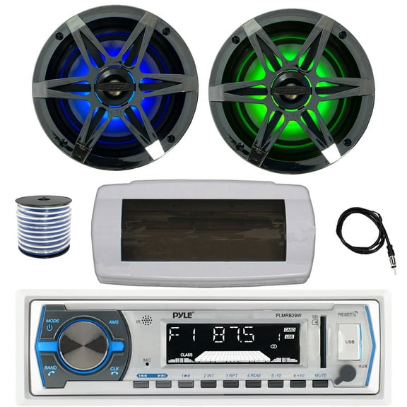 Pyle PLMRB29W Single DIN Bluetooth Marine MP3 AM/FM Stereo Receiver with White Cover, 22" Radio Antenna, Wire, 2x 6.5" 120 Watt Peak Multicolor LED Boat Audio Speakers w/Chrome Grilles (Black)